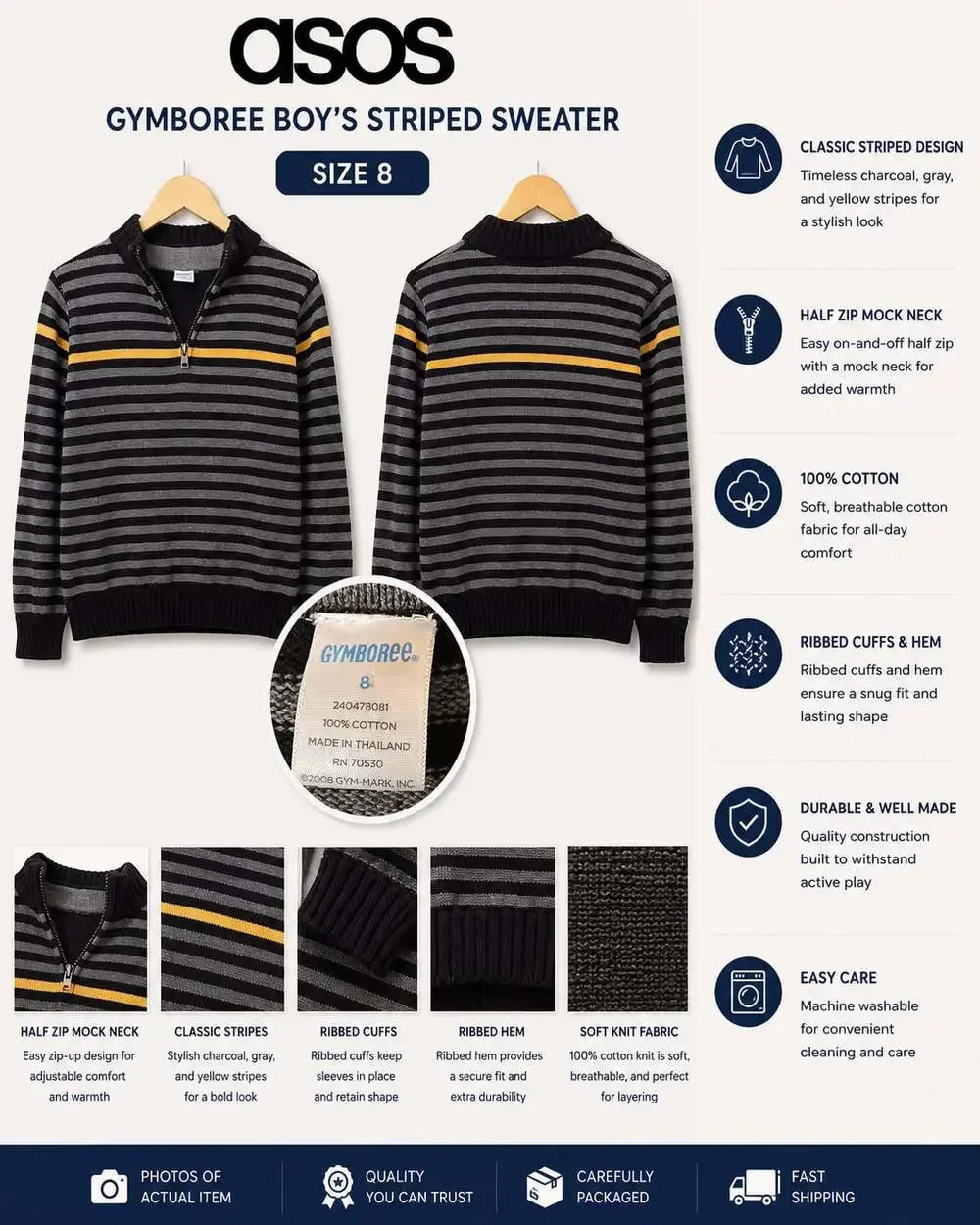Gymboree Boys Striped 100% Cotton Half Zip Mock Neck Sweater